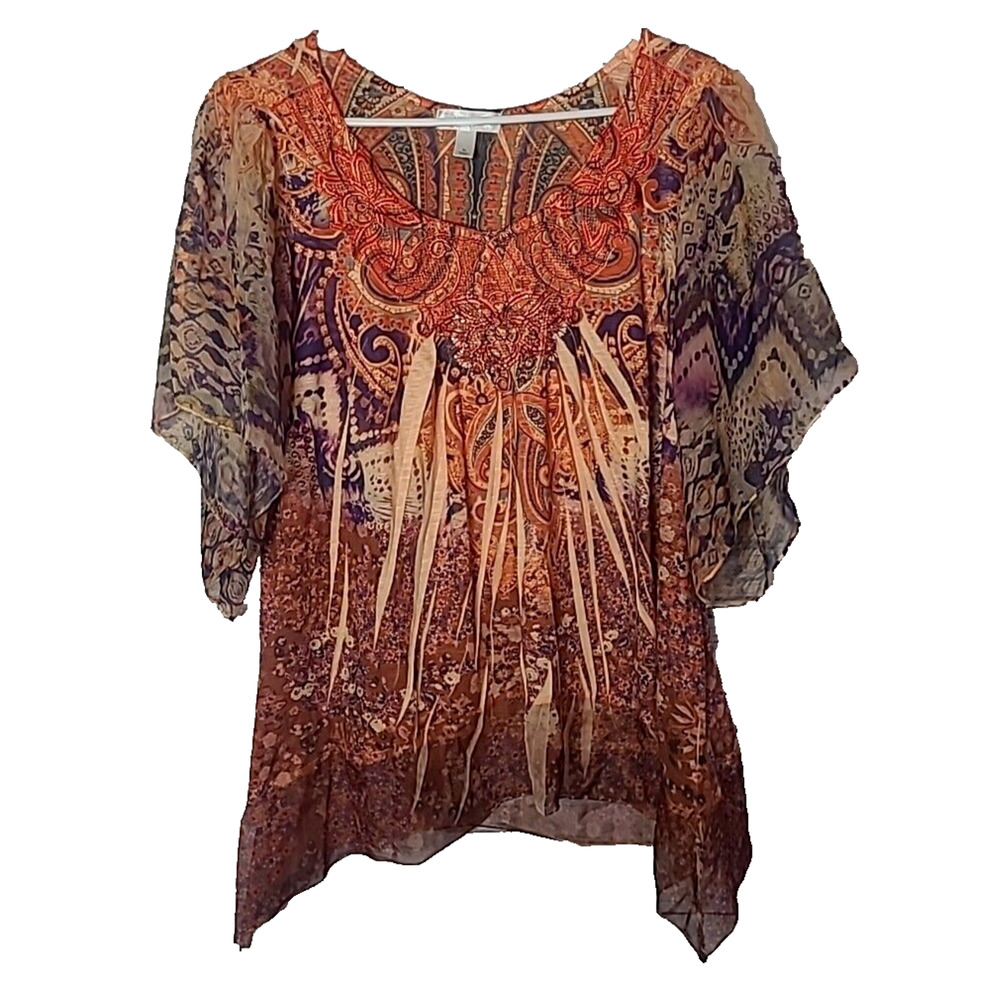 Dressbarn Brown Paisley Crochet Flutter Sleeve Art to Wear Boho Womans Size XL